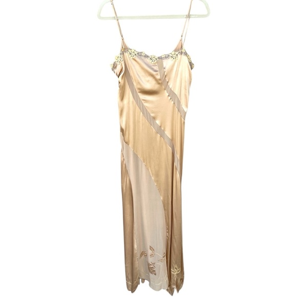 La Perla Made in Italy Long Gold Silk Slip Gown Lace & Floral Embroidery Dress M - Picture 4 of 13